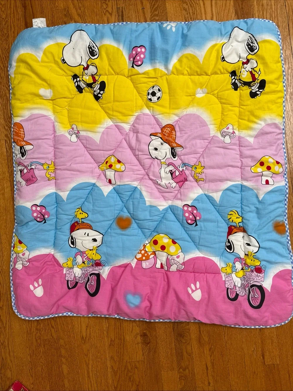 Vintage Peanuts Snoopy & Woodstock Toddler Quilt - Blue, Yellow, Pink